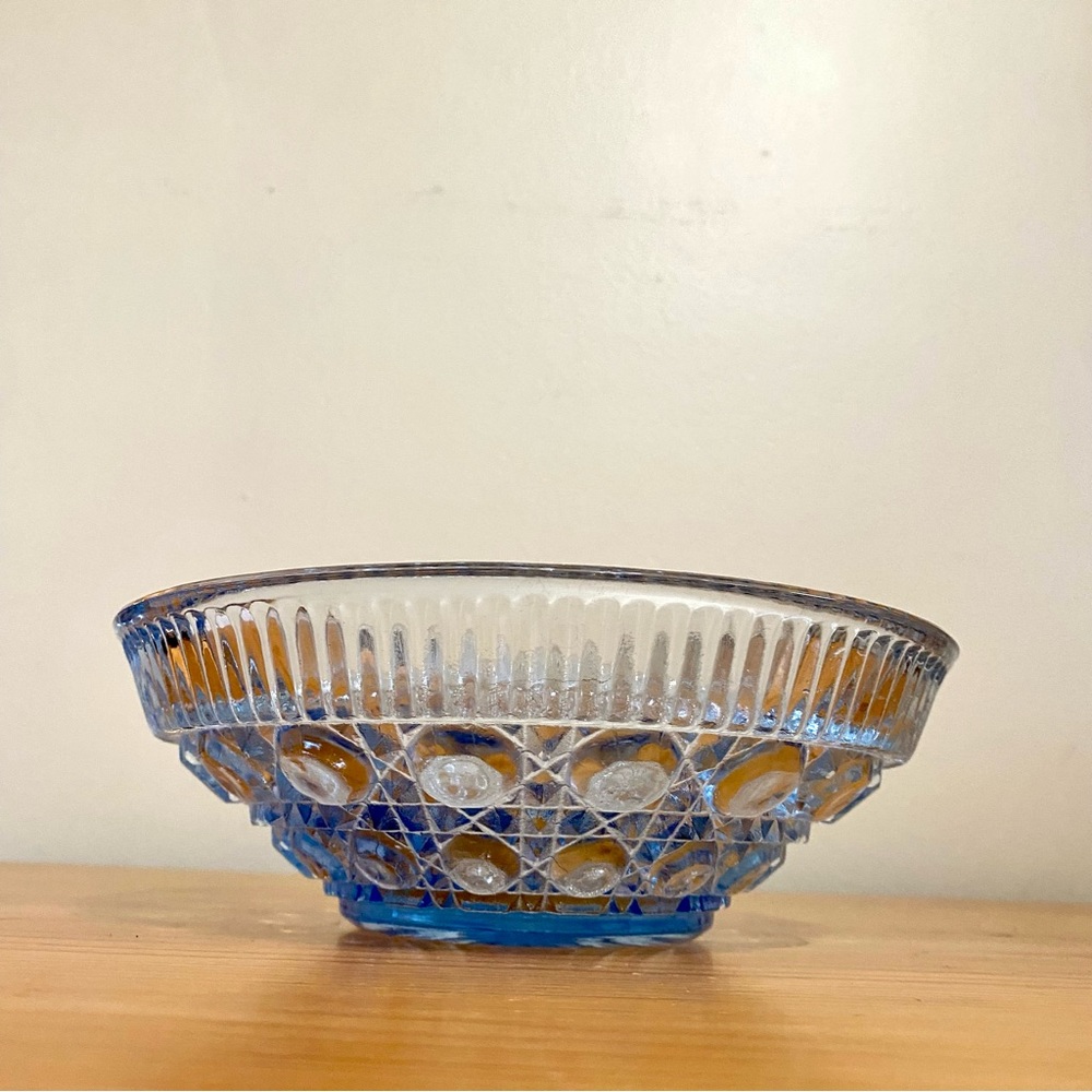 Vintage 70s Blue Glass Bowl Federal Glass Windsor Button and Cane 7.5”